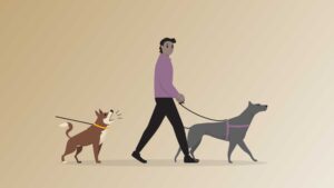 Illustration of reactive dog barking at person and dog passing